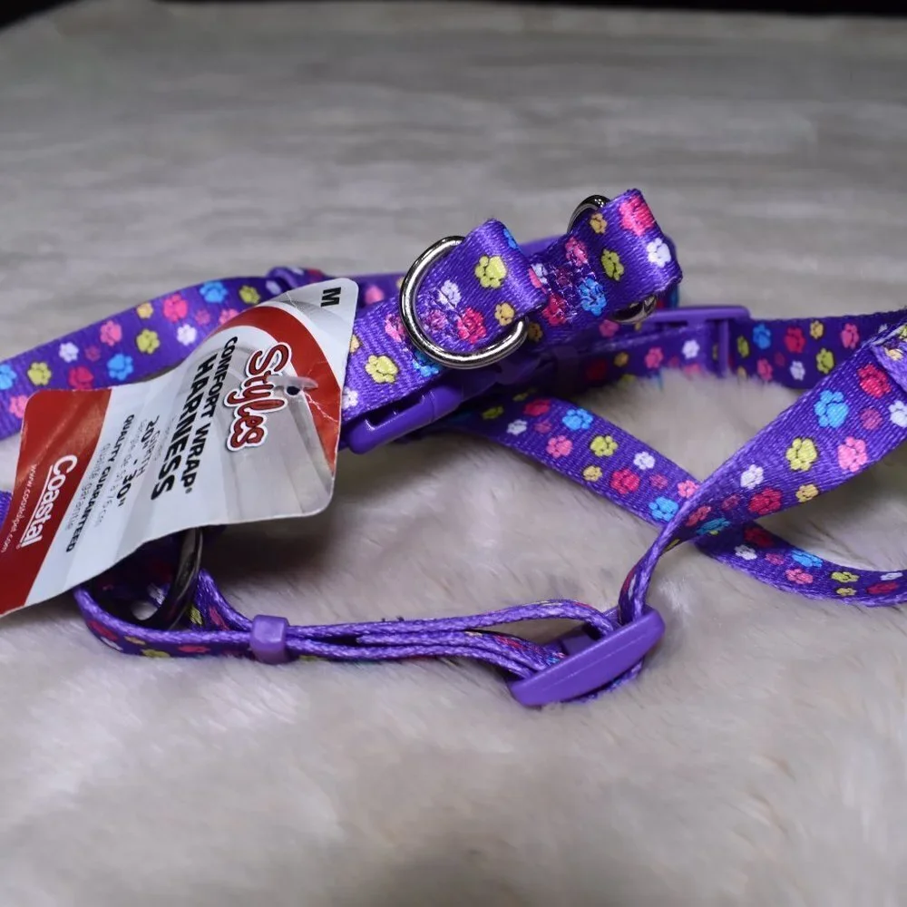 Purple Dog Harness Size Medium Paw Print Adjustable